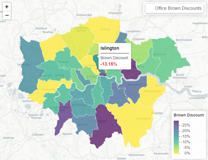 Map of brown discounts for office buildings across London boroughs.