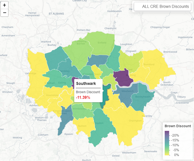 Map of brown discounts across all commercial property types across London boroughs.